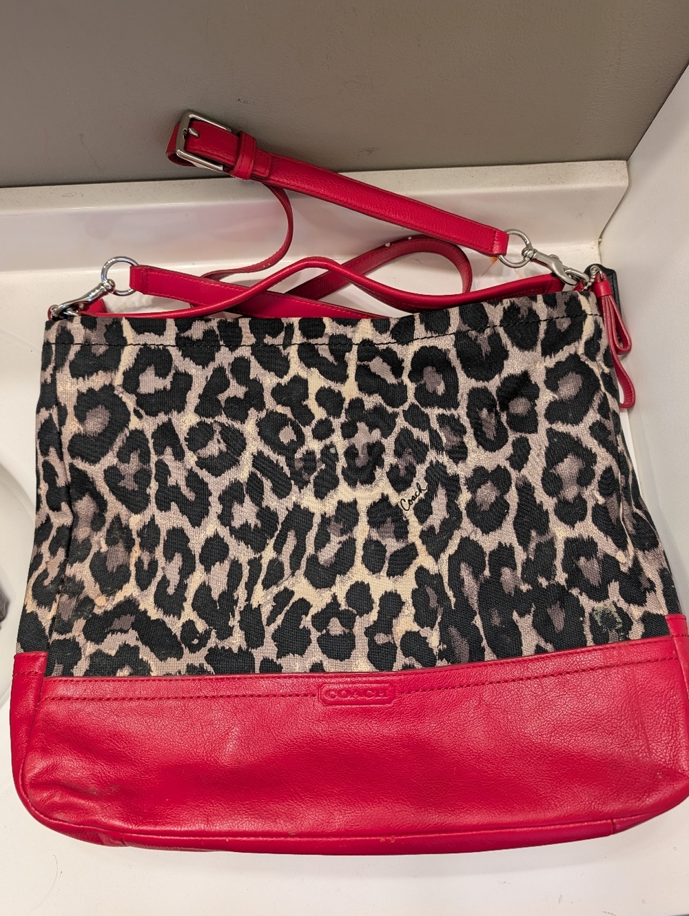 ❤️EUC Coach Parker Ocelot Print Canvas Shoulder Satchel Bag wRed Leather Trim